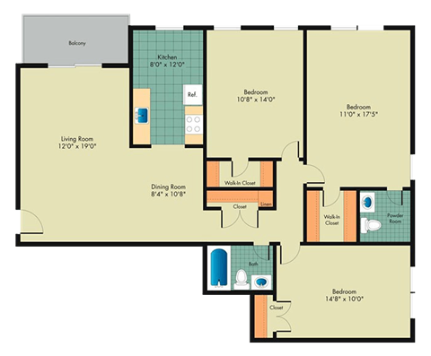 Floor plan for 3 beds, 1.5 baths, 1217 sqft